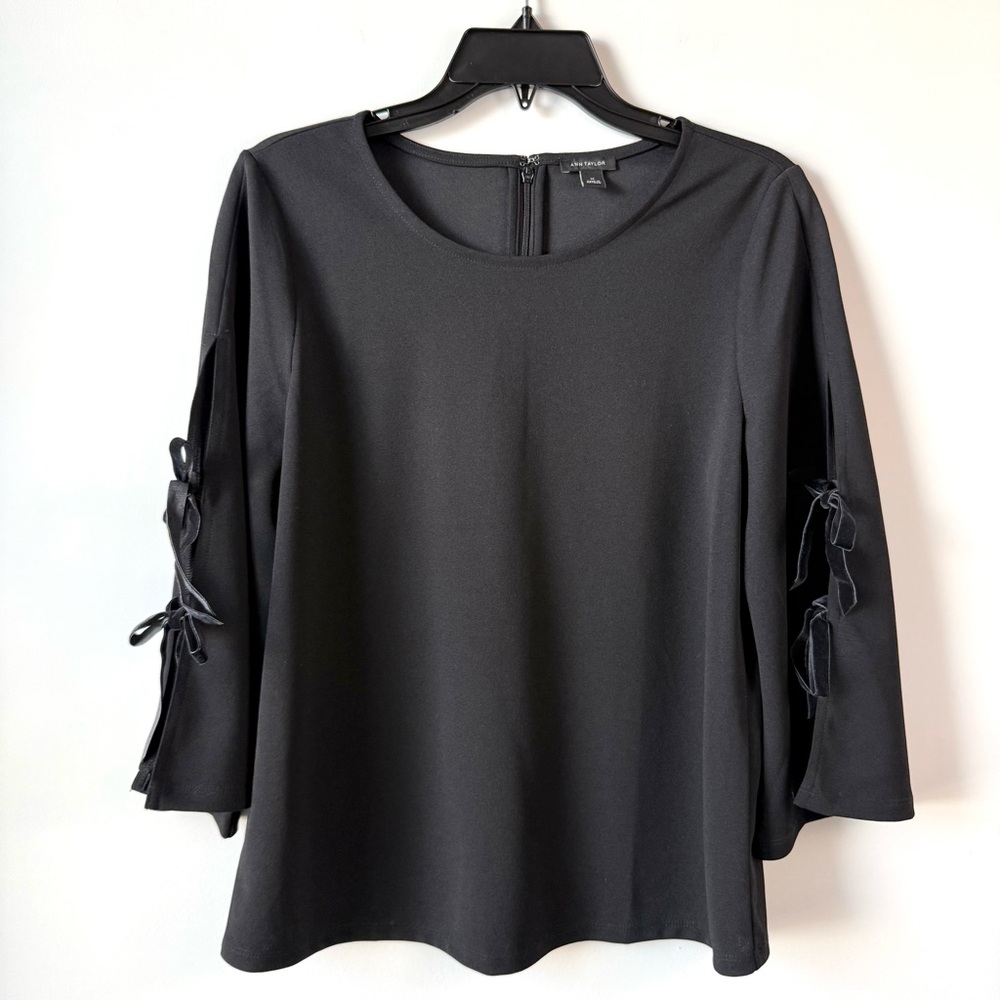 Ann Taylor Velvet Ribbon Tie‎ Sleeve Blouse Black M